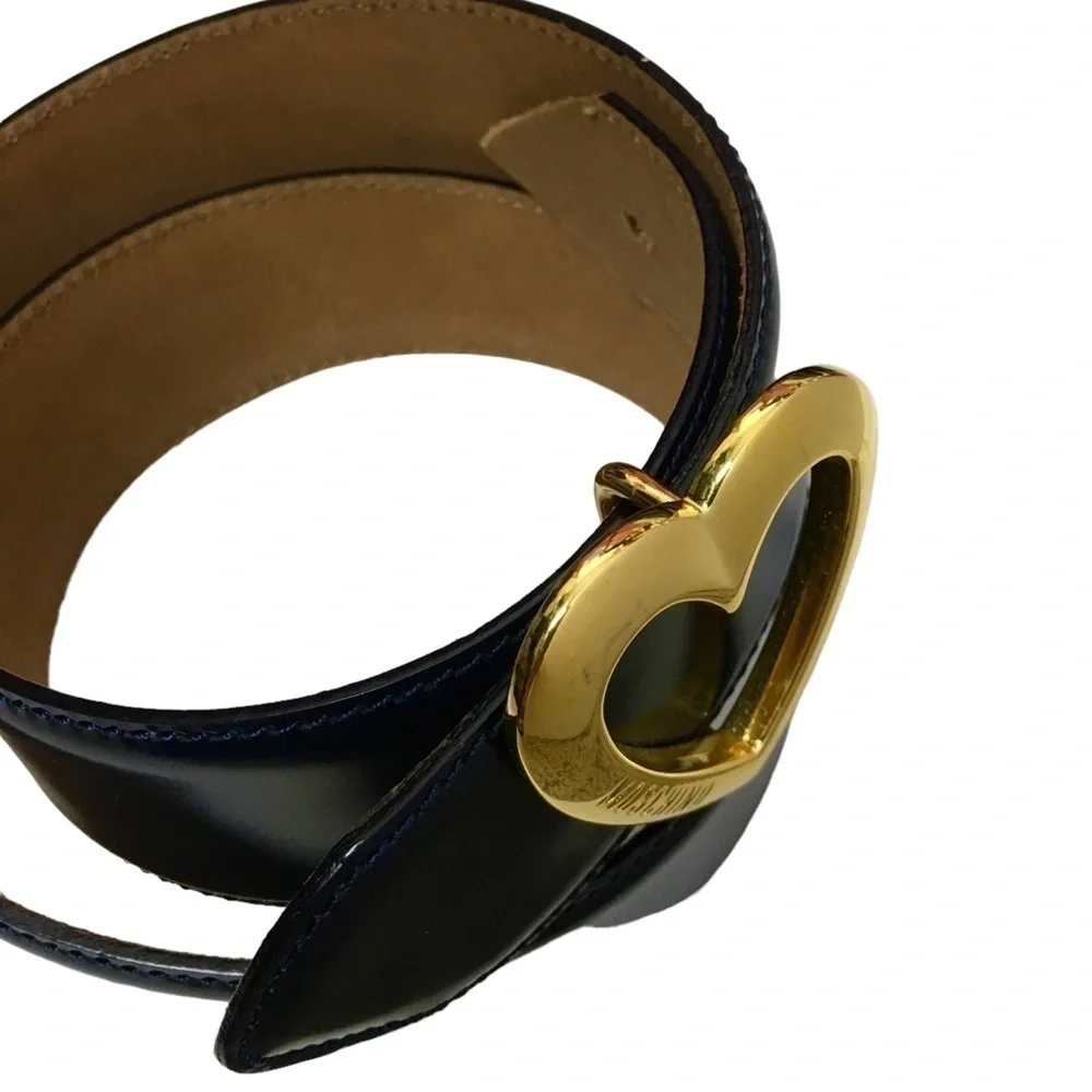 MOSCHINO Vintage Heart Buckle Belt All Genuine Leather Navy Gold Size 40 *FLAW*